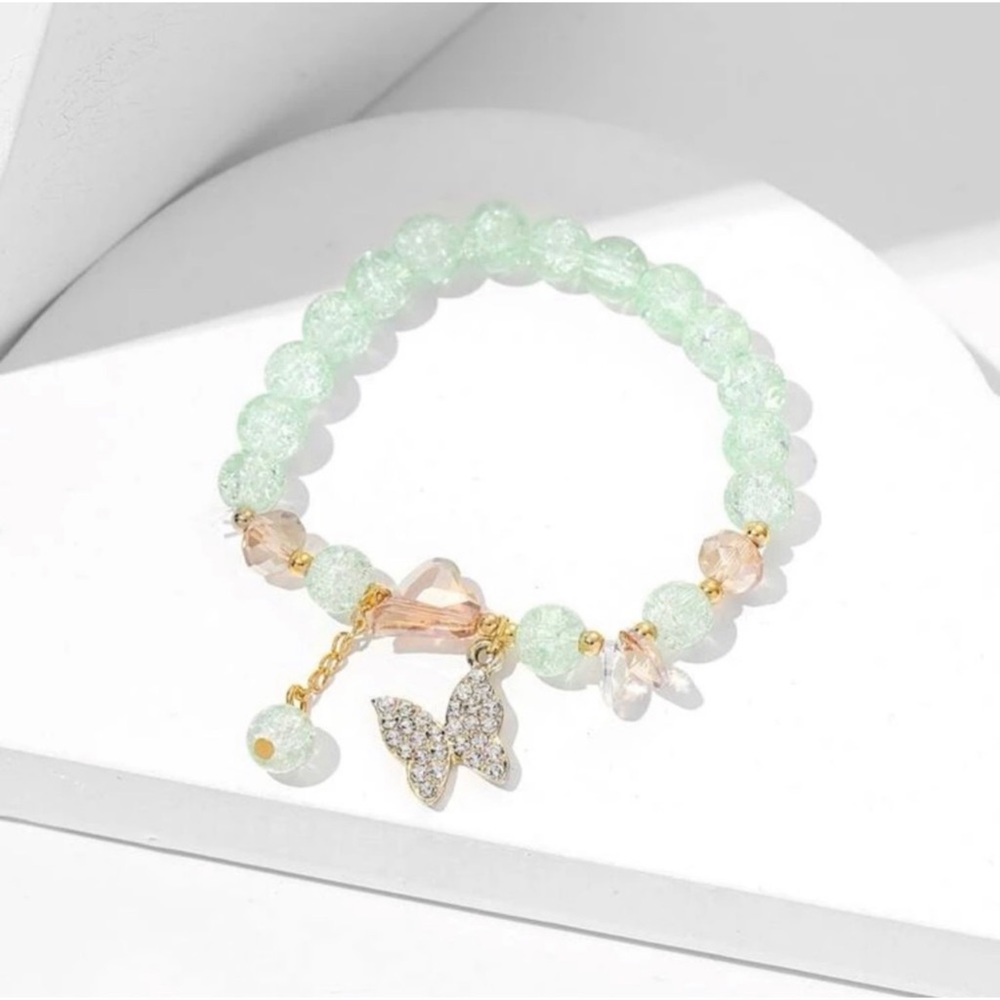 1 LEFT! Minty Green Beaded Butterfly Charm Bracelet - Picture 2 of 4
